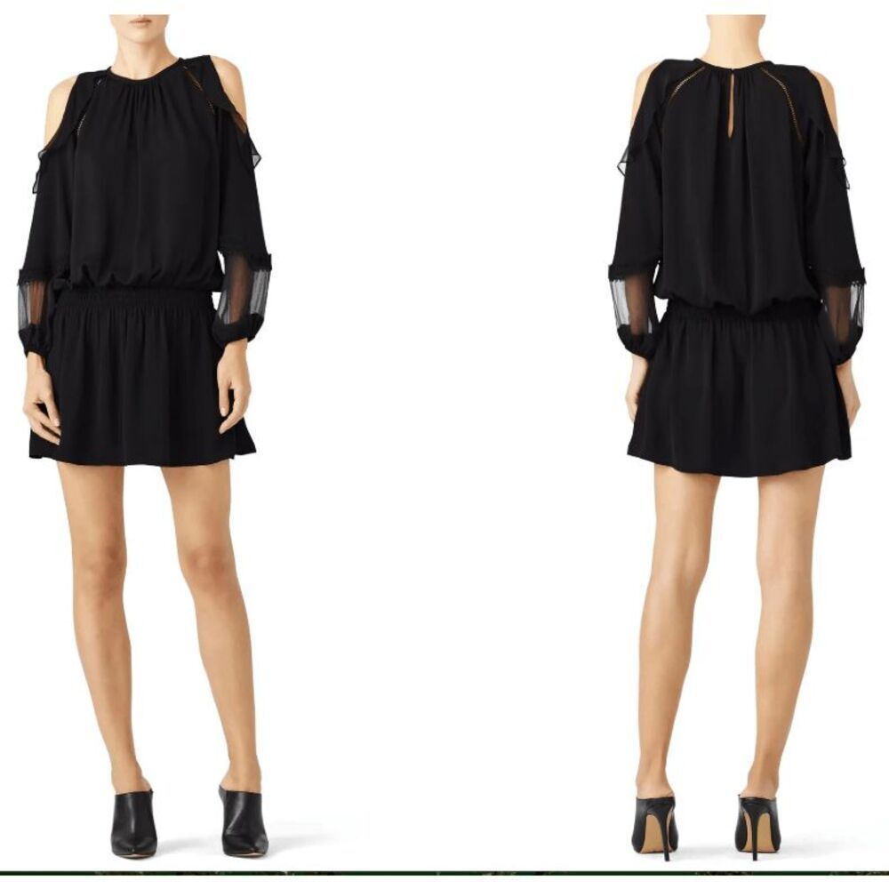 Ramy Brook Black Duffy‎ Dress Blouson Sheer Cold Shoulder Sleeves Drop Waist XS